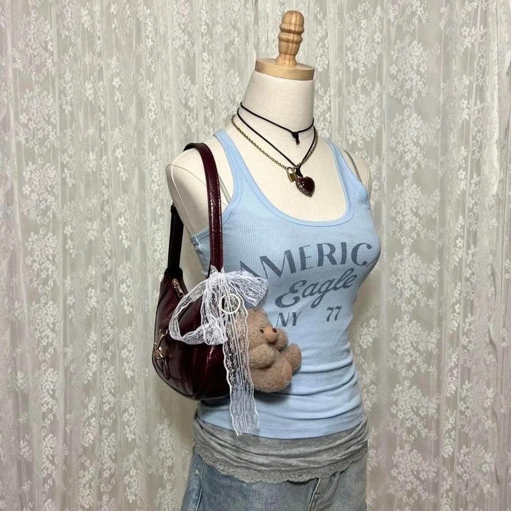 American Eagle‎ Baby Blue Tank Top Size XS Summer Graphic Preppy Lounge - Picture 3 of 6